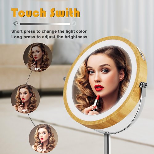 SLIMOON 8" Lighted Makeup Mirror with Bamboo Stand, 1X/10X Double Sided Magnifying Vanity Mirror with Lights, 3 Colors Dimmable Lightning, Gifts for Women Mom Teen Girls