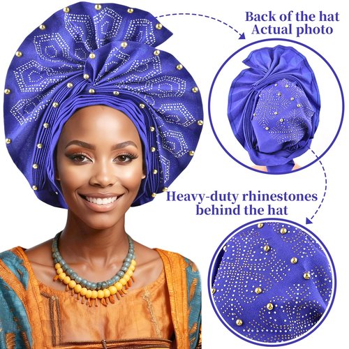 Nigerian headwear African headscarf,Auto Gele headband,hand wrap beaded - made for weddings parties events (Royal Blue)