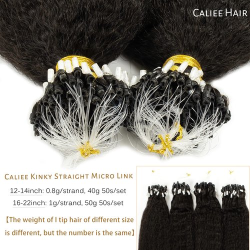 Caliee Microloop Kinky Straight 16 Inch, Micro Beads Human Hair Extensions Natural Black 1B Color 50g Real Remy Hair Extensions 50s