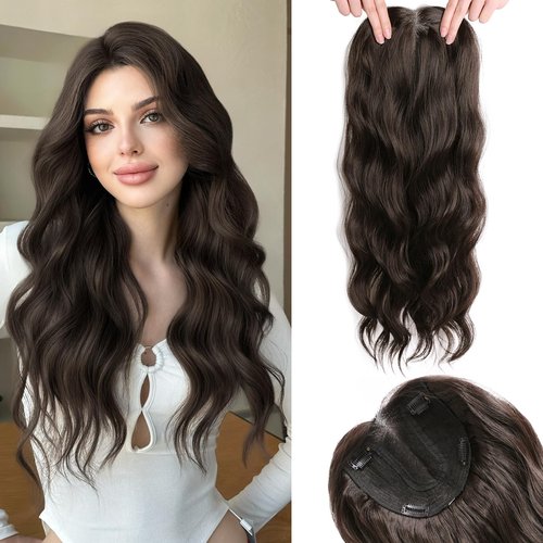 XIXISNOW Hair Topper 24 Inch Long Wavy Toppers Hair Pieces for Women Thinning Hairs Lace Hand-Tied Hairline Synthetic Heat Resistant Clip in Hairpieces 6"x6"Large Base for Daily Use Dark Brown