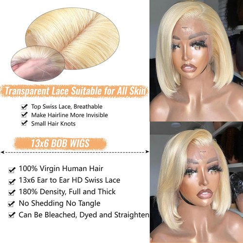 Bob Wig Human Hair 13x6 HD Frontal Lace Wig Real Human Hair 180% Density Straight Blonde 613 Human Hair Wigs for Black Women Glueless Wigs Pre Plucked Blunt Cut Wig 8 Inch