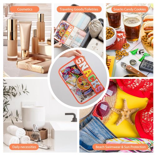 HANAMO Chenille Letter Clear Bag Monogram Clear Stadium Purse Bag Chenille Letter Travel Patch Pouch Snack Makeup Multi-purpose Transparent Waterproof Snacks Makeup Tote Bag with Wrist Strap