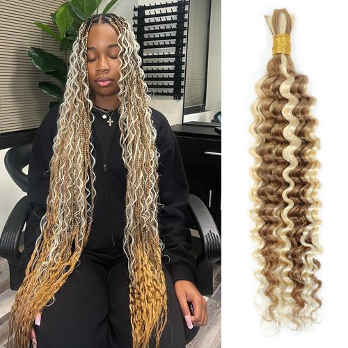 Syrenlore Highlighted Multi-Blonde 27/613 Braiding Hair for Boho Braids, Ombre Deep Wave Human Hair Bulk 22 Inch 50G LIGHT BULK