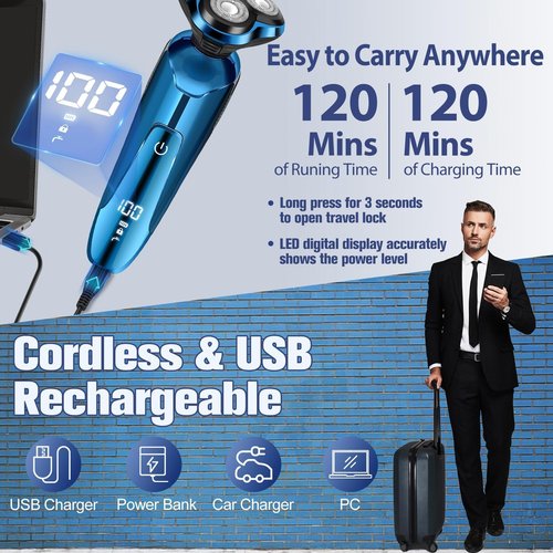 Electric Razor for Men, Mens Shaver for Wet Dry Beard/Sideburns/, Cordless Electric Shavers for Men Floating Head Replaceable Blades, IPX7 Waterproof Travel Kit