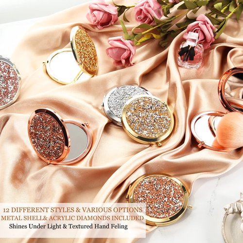 Cindeer 12 Pcs Small Compact Mirror Folding Pocket Makeup Round Hand Held Cosmetic Magnifying Compact Rhinestone Mirror with 1X/2X Magnification for Women Girls Travel (Blended Colors)