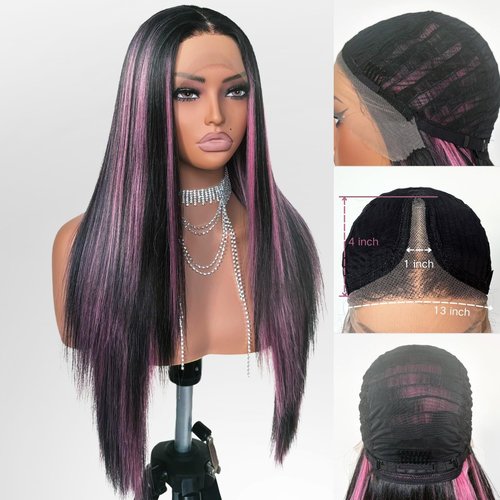 FABÉLLE Black and Pink Highlight Wig Lace Front Wigs Pre Plucked with Baby Hair Glueless Wig 26 Inch Long Straight for Women Pink Color Forehead Synthetic 13×4×1 Lace Front Wig