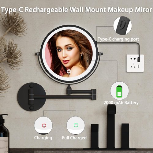 WZRUA 8 Inch Lighted Makeup Mirror Rechargeable Wall Mounted,Double-Sided 1X/10X Magnification,Dimmable 360° Swivel Extendable Bathroom Mirror Matte Black
