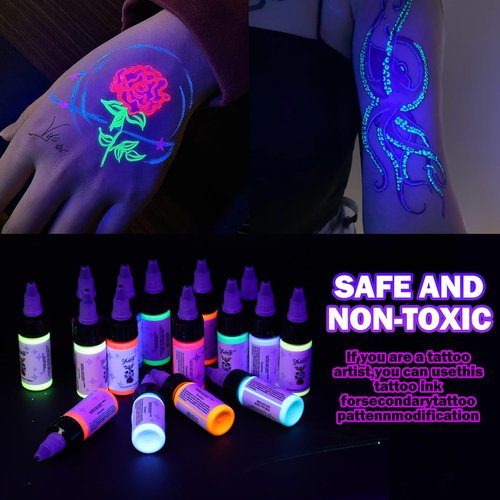 Ybeauty 16 Color Tattoo Ink Set - 16pcs 15ml/Bottle Professional Tattoo Fluorescent Ink & Equipment for Halloween Supplies