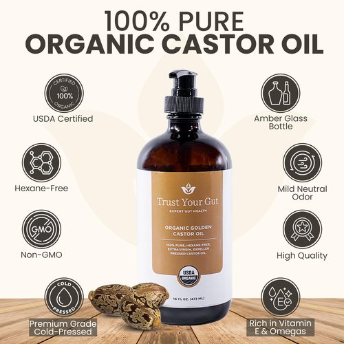 Trust Your Gut Organic Golden Castor Oil, 100% Pure Cold-Pressed Hexane-Free Extra Virgin Oil for Colon Cleansing, Gut Wellness, Skin Care, Healthy Nails & Hair Growth - 16 oz