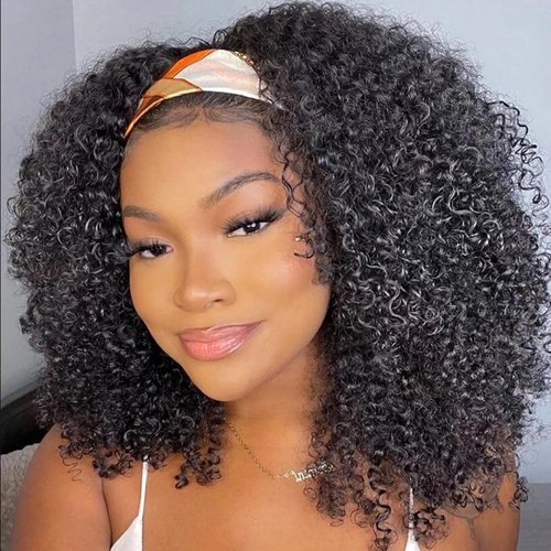 XSY Curly Headband Wig Human Hair 14 Inch Kinky Curly Headband Wigs for Black Women None Lace Front Wig 150% Density Natural Black Color