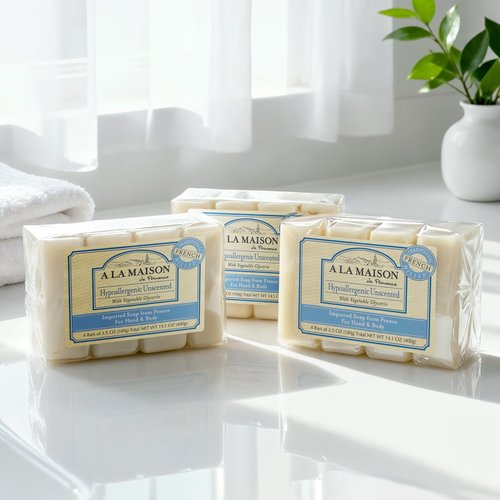 A LA MAISON Hypoallergenic Unscented Bar Soap - Triple French Milled Natural Moisturizing Hand Soap Bar (12 Bars of Soap, 3.5 oz)