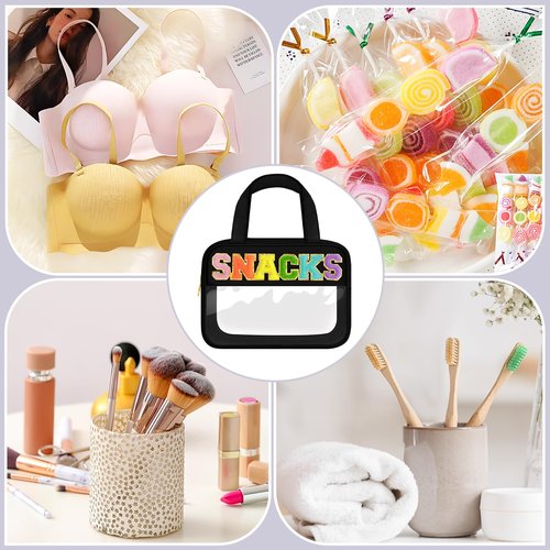Chenille Letter Clear Makeup Bag, Preppy Clear Snack Bags with Zipper, Stuff Bag Waterproof Sunscreen Bag Travel Toiletry Bag Cosmetic Pouch for Women and Girls (Snacks, Plus Size)