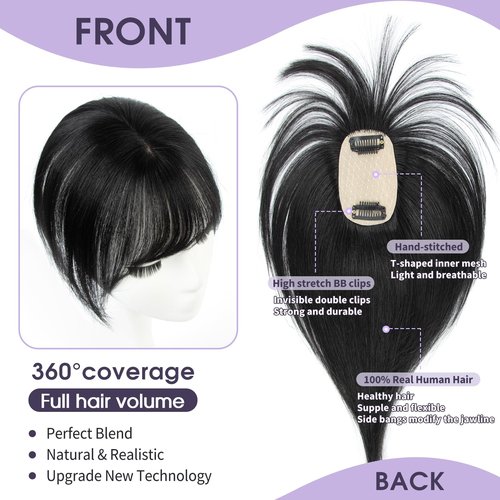 EonLuxe Jet Black Real Human Hair Topper with Bangs Covers Thinning Crown, Receding Hairline for Women 10inch Clip-In Hair Topper for Thinning Hair