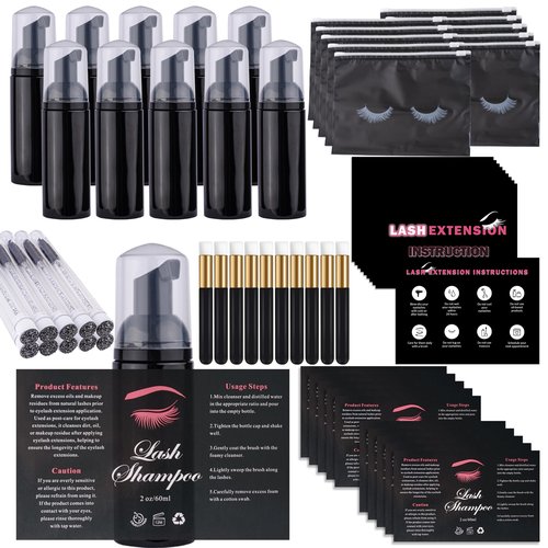 60pcs Lash Extension Cleaning Kit for Clients,10pcs Lash Brushes,10pcs Eyelash Cleaning Brush with Tubes,10pcs Lash Bottles,10pcs Eyelash Bags,10pcs Lash Shampoo Stickers,10pcs instruction card(Black)