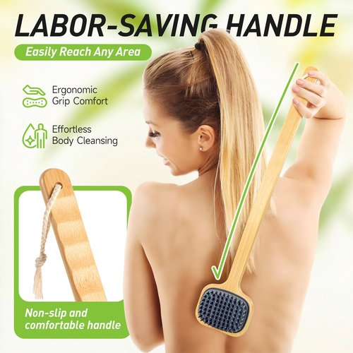 NURENDER Dual-Sided Back Scrubber for Shower, 21.65'' Long Handle Back Brush, Soft Silicone for Sensitive Skin, Dry Brushing & Back Cleansing, Dry Quickly Body Bath Brush for Men, Women, Elderly