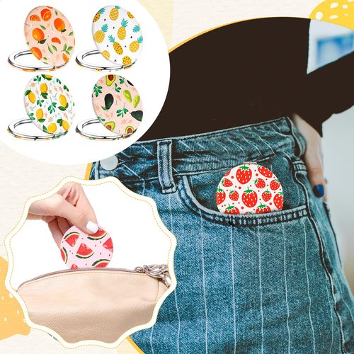 Vicenpal Compact Mirrors Small Pocket Fruit Design Mini Magnifying Portable Makeup Compact Pu Leather Double Sided Pocket Mirror for Women Girls Mother Kids Gift(Round Style)