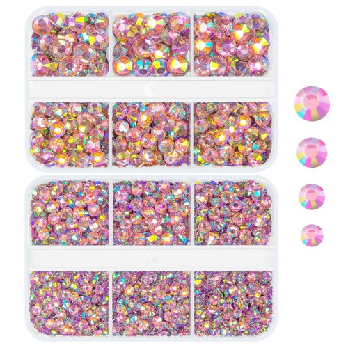 qiipii Pink AB Resin Crystal Rhinestones for Crafting 3mm 4mm 5mm 6mm Dark Pink AB Flatback Resin Gems Stones Non-Hotfix Diamonds Crystals Charms for Nails Face Eyes Makeup Tumblers Bottles DIY Crafts