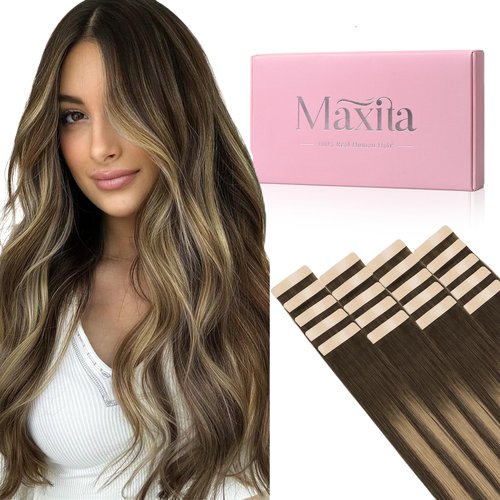 MAXITA Tape in Hair Extensions Human Hair, Balayage Chocolate Brown to Caramel Blonde, 18inch 50g 20pcs, Remy Silky Real Human Hair Extensions Thick Ends Straight Seamless Tape in Hair Extensions