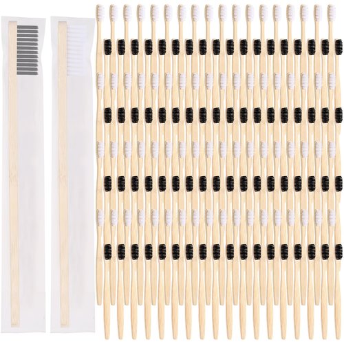 Vesici 100 Pcs Bamboo Toothbrushes Bulk Soft Bristles Toothbrushes with Micro Fur Ultra Wooden Bamboo Teeth Brushes Manual for Adults Travel Family Hotel Use Individually Packaged (Black,White)