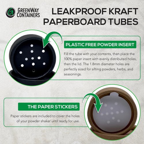 GreenWay 4oz / 115g Small Kraft Paper Shaker Tubes with Sifters & Lids - 10 Pack Biodegradable Containers for Powdered Cosmetics - Fully Compostable Spice Sifting Tubes – White