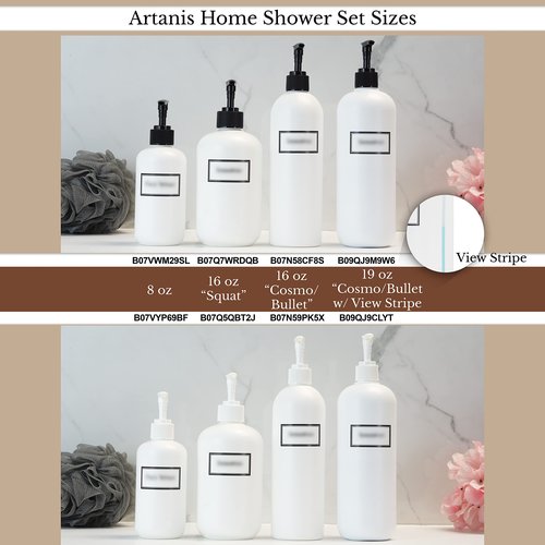 Artanis Home Silkscreened Empty Shower Bottle Set for Shampoo, Conditioner, and Body Wash, Cosmo/Bullet 16 oz 3-Pack, White (White Pumps)