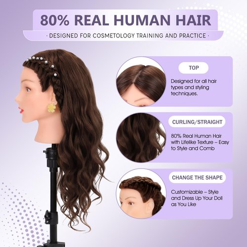 Mannequin Head Human Hair 80% Real Hair Cosmetology Mannequin Head for Braiding Styling Cutting 26-28” Doll Head with Clamp Tools (Brown)