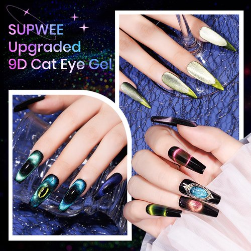 SUPWEE Cat Eye Gel Nail Polish Set - 12 Colors 9D Magnetic Nail Polish Gel Galaxy Cateye Nail Gels Polishes with 1 Black Gels and Magnetic Lamp Cure Required Home Manicure DIY Nail Art
