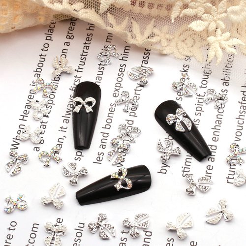 JERCLITY 30 Pieces Silver Bow Nail Charms Alloy Bow Charms Gems for Nails Bowknot Nail Studs Inlaid Pearl Clear Iridescent Rhinestone for Women Girls Nail Art