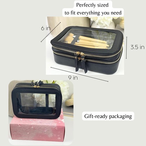 JAZD Clear Makeup Bags, Cosmetic Toiletry Organizer for Women, Travel Make up Toiletries, Small Transparent Pouch, TSA Approved Train Case (BLACK)