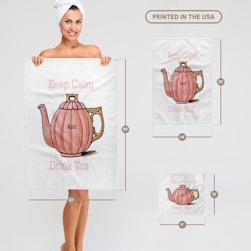3D Rose Image of Keep Calm and Drink Tea with Vintage Teapot Hand Towel, 15" x 22"