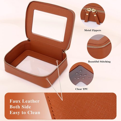 LOFOWN Clear Makeup Bag Set Travel Cosmetic Bag and Toiletry Bag Women's Purse Pouch Cosmetic Stroage Organizer Case with Zipper Car Essentials (Brown, M+Mini)