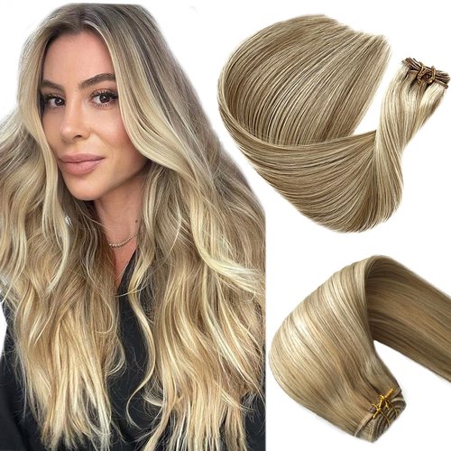 Sew in Hair Extensions Real Human Hair Ash Blonde with Platinum Blonde Highlights Weft Extension Real Remy Color Double Weft Full Head Straight Weaves Hand Tied Extensions for White Women 14 Inch