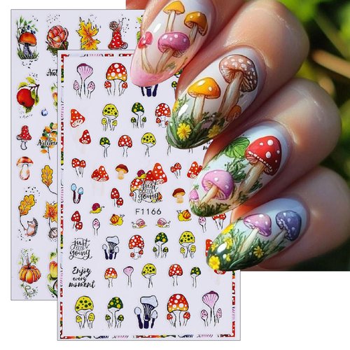 Fall Maple Leaf Nail Art Stickers Autumn Leaves Mushroom Deer Design Self-Adhesive Nail Sticker Fox Pumpkin Wheat Ears Nail Decals for Nails Women Girls Thanksgiving Day DIY Manicure Decor 6 Sheets