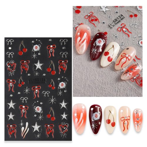 SUTOKAKA Cherry Nail Art Stickers 5 Sheets Self-Adhesive Embossed 5D Red Cherry Bowknot Nail Decals Cute Fruit Summer Autumn Nail Decorations for DIY Nail Art Design