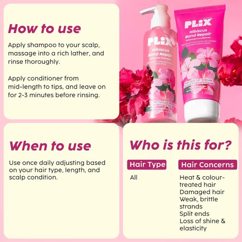 PLIX - THE PLANT FIX - Hibiscus Bond Repair Shampoo (200ml) + Conditioner (175ml) | Repairs Molecular Structure & Reduces Breakage | FiberHance & TechnoHYAL Hair Complex