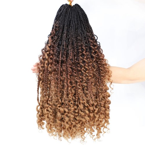 Goddess Crochet Box Braids Curly Ends 144 Strands 22 Inch Bohomian Goddess Box Braids Crochet Hair Synthetic Crochet Braids Hair Extensions(22 Inch,1B/30/27)