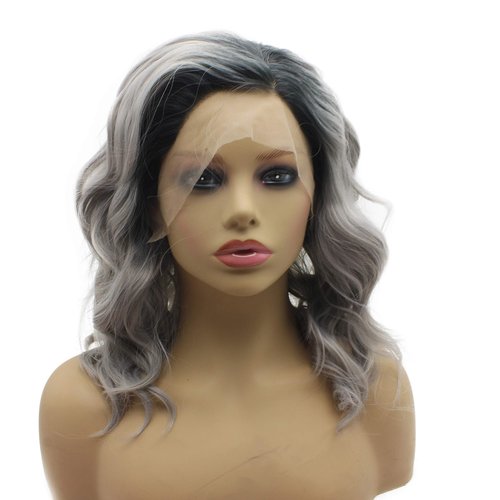 iwonawig Iewig Shoulder Length Wavy Dark Root Ombre Grey Lace Front Synthetic Party Wig