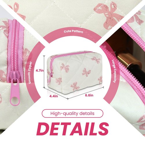 Small Makeup Bag Travel Cosmetic Bag for Women Girls, Zipper Floral Make Up Pouch, Aesthetic Organizer Bag, Quilted Cotton Makeup Bags, Portable Storage Toiletry Cloth Bag(White Pink Butterfly Flower)