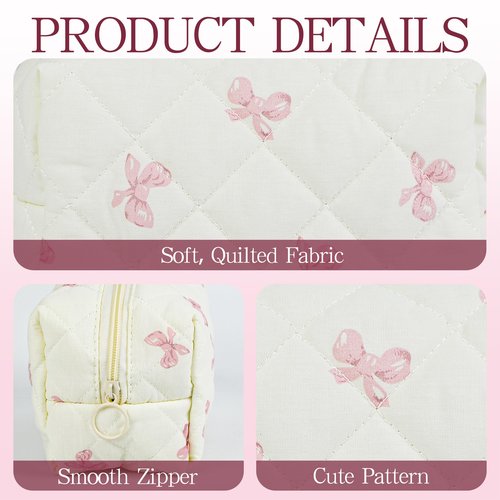 AMZMA Quilted Makeup Pouch,Cotton Puffy Makeup Bag, Coquette Cosmetic Bag for Women and Girls, Aesthetic Organizer Bag, Cute Flower Travel Toiletry Bag