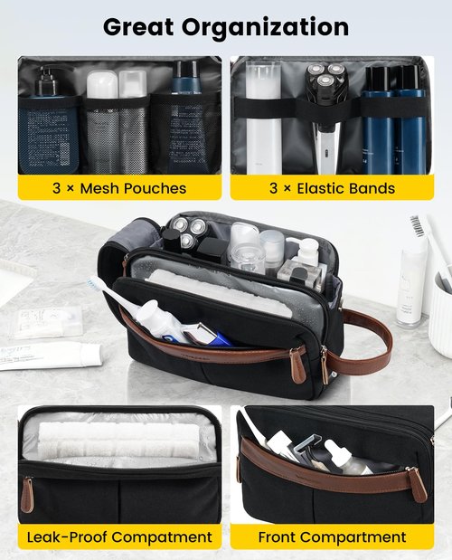 Vorspack Canvas Toiletry Bag for Men - Water Resistant Travel Bag for Toiletries, Bathroom Essentials, Accessories - Black
