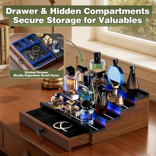TIRYIUOU Perfume Cologne Organizer for Men: with LED Light 4 Tier Wooden Perfumes Stand, Desktop Parfum Holder Wood Display Shelf with Cabinet, Bedroom Makeup Lotion Jewelry Storage Rack with Drawer