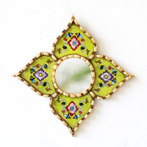 DECORCONTRERAS Small green peruvian mirrors for wall holiday – Diamond/Square shape wall artisan mirror in painted glass with gold leaf frame (Lime Green)