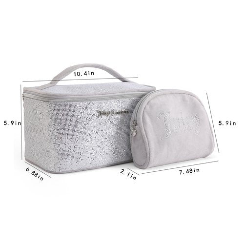 Juicy Couture Silver Makeup Bag Cosmetics Organizer Travel Essentials Train Case Coin Purse Glitter Rhinestone Velour