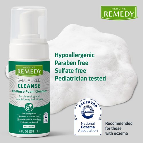 Medline Remedy Specialized No-Rinse Foam Cleanser (4 oz), Unscented, Moisturizing Body Wash, Incontinence Care, Skin Nourishing, For Hair and Dry Skin, Gentle, Eczema Seal, Sulfate-Free