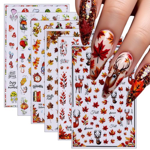 Fall Maple Leaf Nail Art Stickers Autumn Leaves Mushroom Deer Design Self-Adhesive Nail Sticker Fox Pumpkin Wheat Ears Nail Decals for Nails Women Girls Thanksgiving Day DIY Manicure Decor 6 Sheets