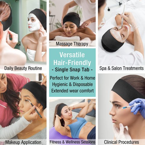 Appearus Professional Disposable Headbands with Single Snap Tab - 100 Pack Individually Wrapped Spa Headbands for Estheticians, Makeup Artists & Salon Professionals, Black