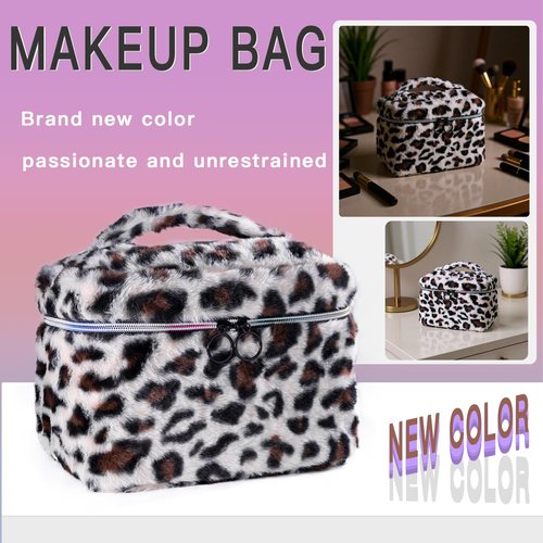 imerelez Plush Travel Makeup Bag Toiletry bag for Women Soft Fluffy Cosmetic Bag Portable Foldable (Beige Leopard)