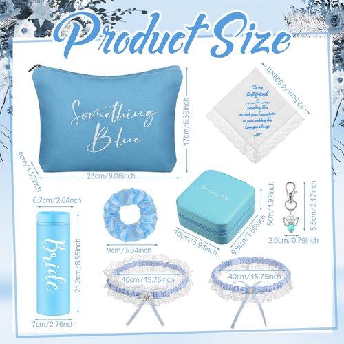 SilTriangle 8 Pcs Something Blue Wedding Gift for Bride Wedding Handkerchief 16 oz Skinny Acrylic Tumbler Lace Garter Belt Angel Bouquet Charm Bridal Cosmetic Bag Scrunchies Gift Box Jewelry Case