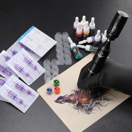 Beginners Tattoo Gun Machine Kit Professional Complete Tattoo Gun Kits for Beginner Rotary Tattoo Pen Set with 10Pcs Tattoo Cartridge Needles for Starter Artists (Black-45Pcs)
