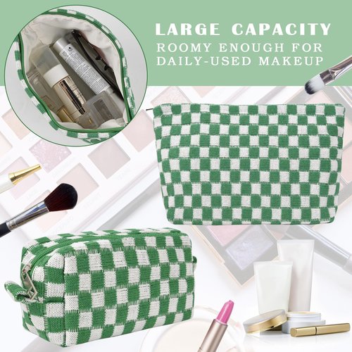 Makeup Bags Checkered Cosmetic Bag- 2PCS Travel Toiletry Bag Aesthetic Portable Accessories Pouch Preppy Pencil Checkered Pencil Pouch Case Cute Brushes Storage Bag for Women -Green